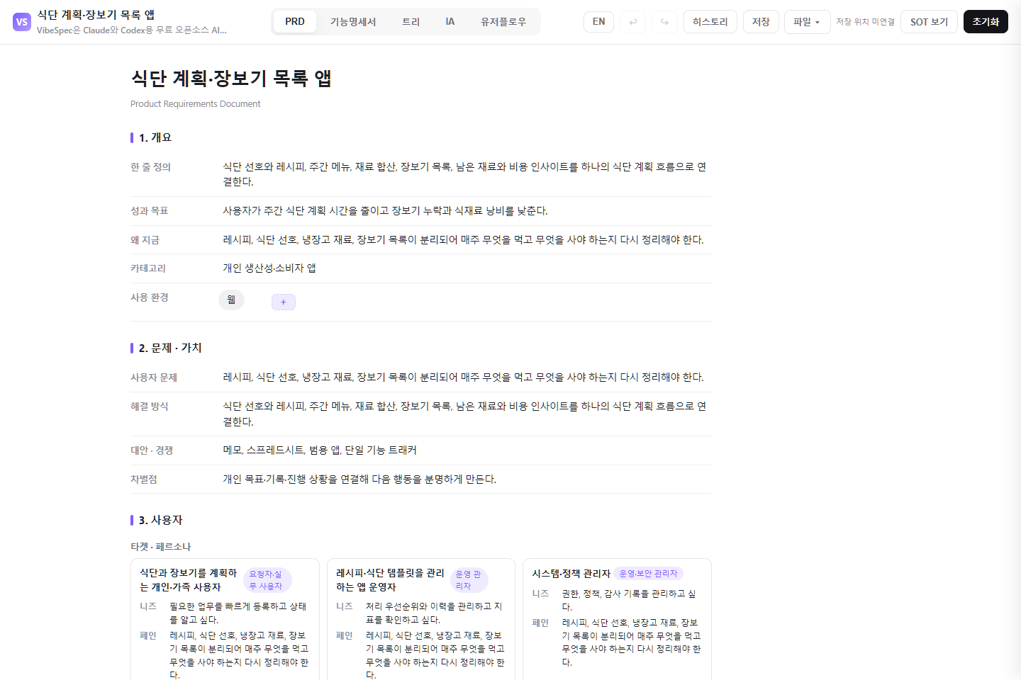 식단 계획·장보기 목록 앱의 목표, 문제, 사용자 페르소나를 보여 주는 VibeSpec PRD 화면