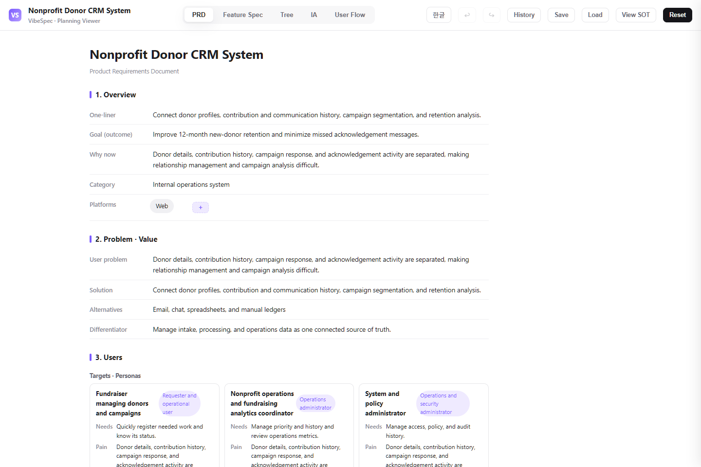Nonprofit Donor CRM System PRD showing product goals, problem context, and operational personas