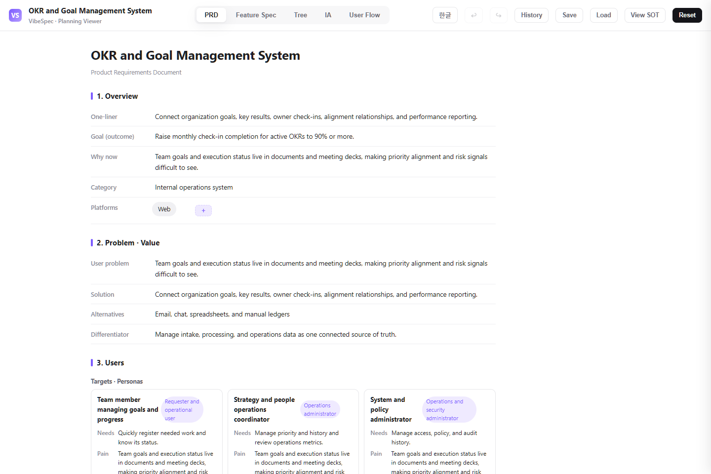 OKR and Goal Management System PRD showing product goals, problem context, and operational personas