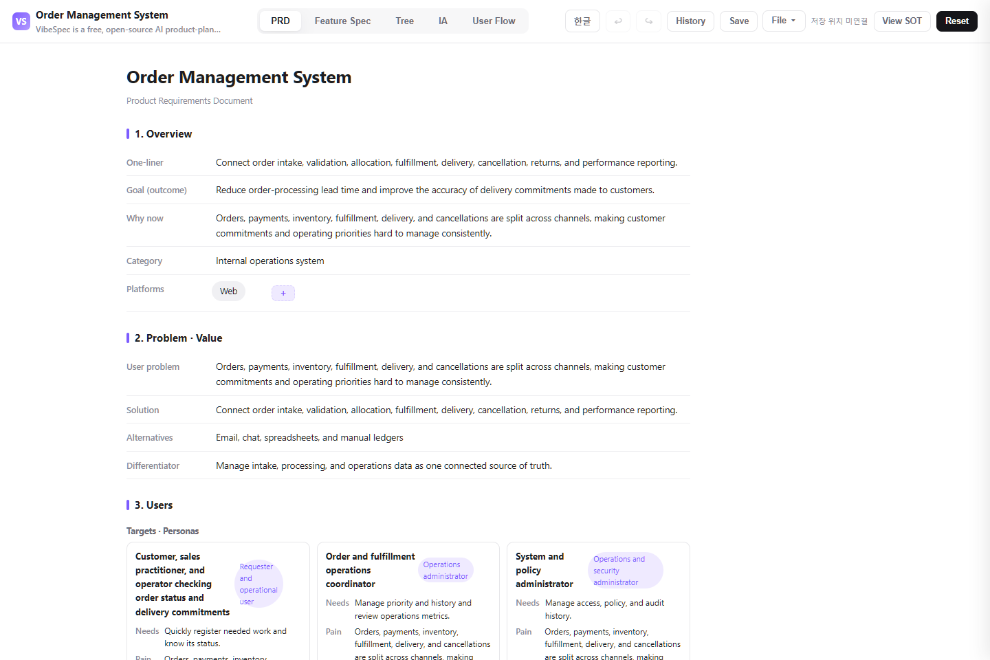 Order Management System PRD showing product goals, problem context, and operational personas