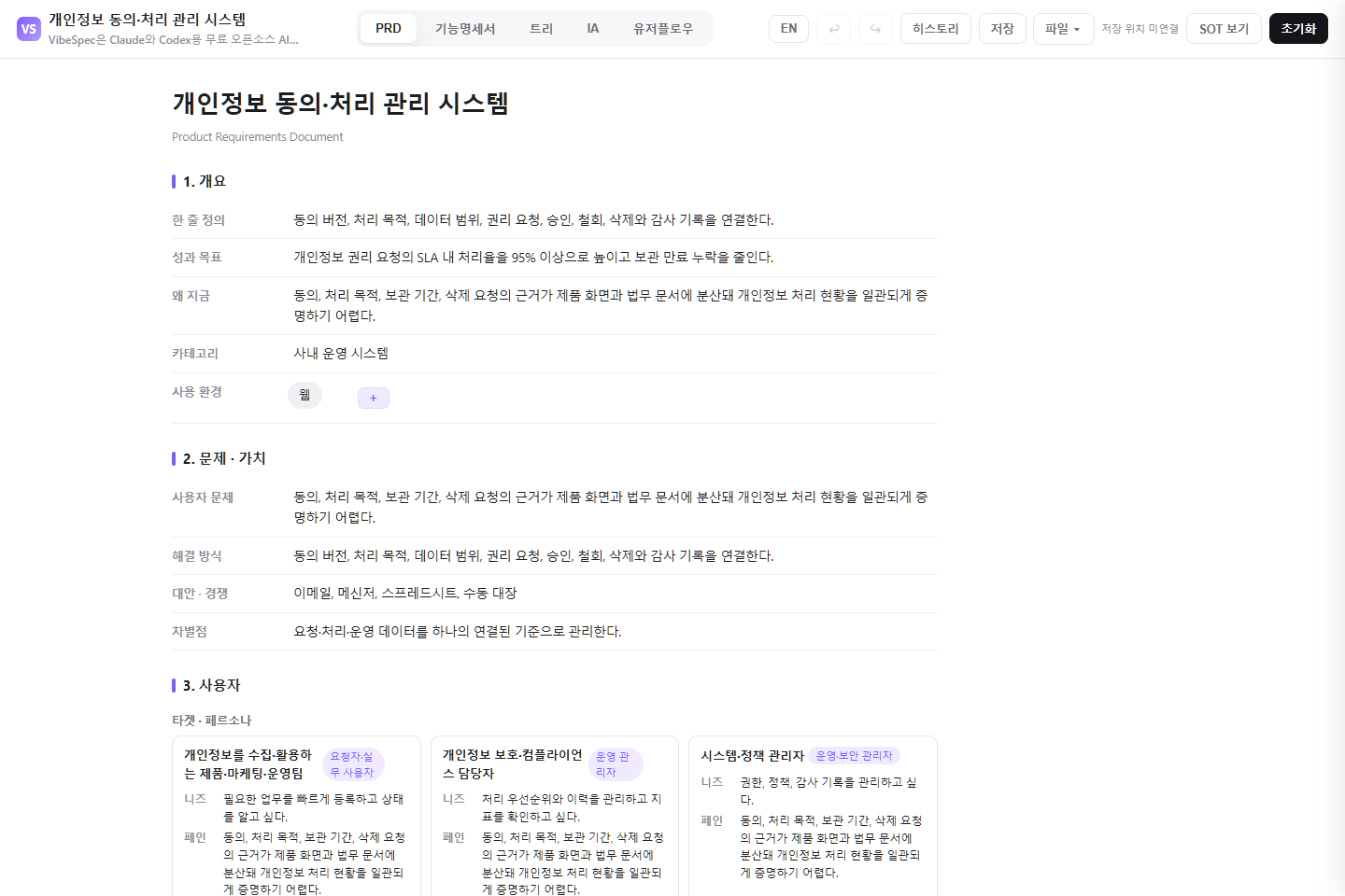개인정보 동의·처리 관리 시스템의 목표, 문제, 사용자 페르소나를 보여 주는 VibeSpec PRD 화면