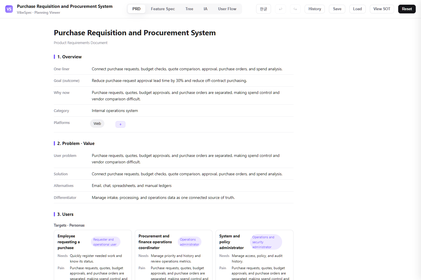 Purchase Requisition and Procurement System PRD showing product goals, problem context, and operational personas