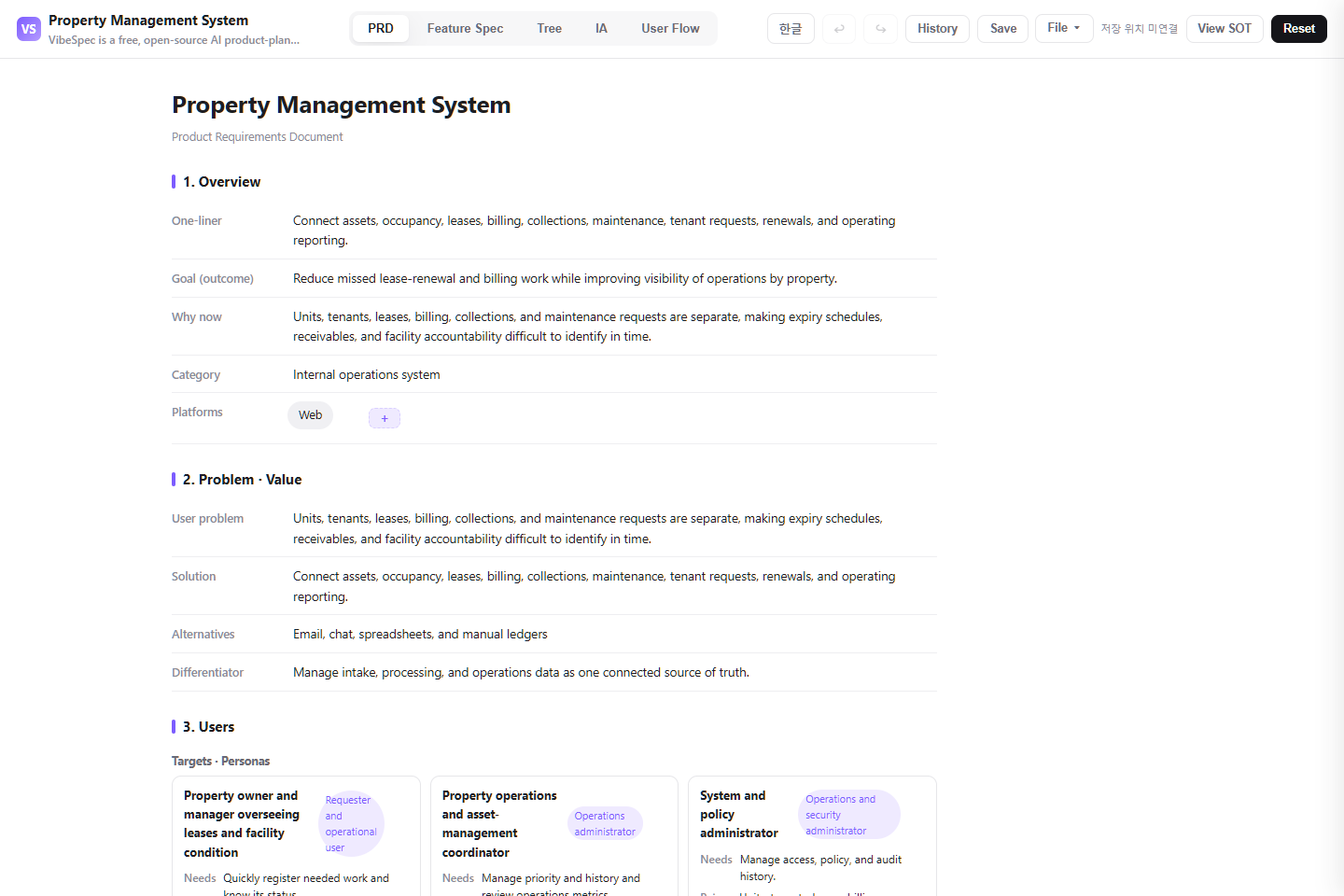 Property Management System PRD showing product goals, problem context, and operational personas