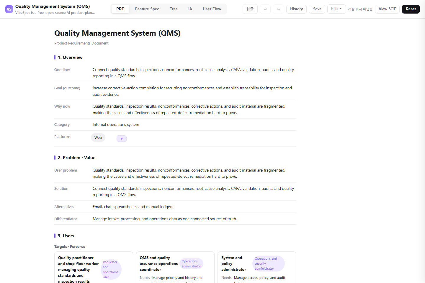 Quality Management System (QMS) PRD showing product goals, problem context, and operational personas