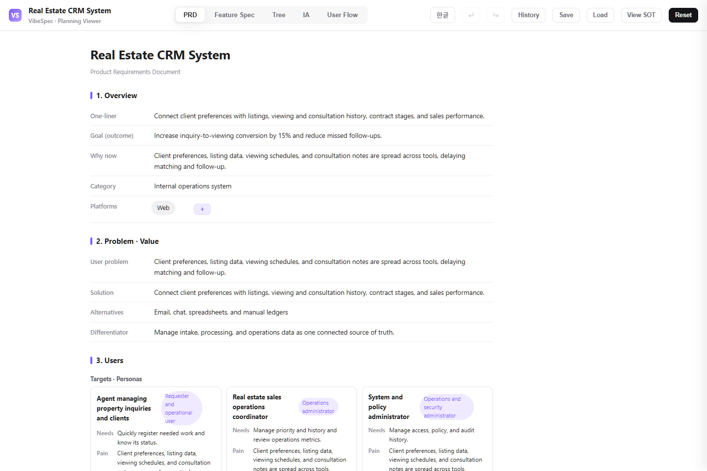 Real Estate CRM System PRD showing product goals, problem context, and operational personas