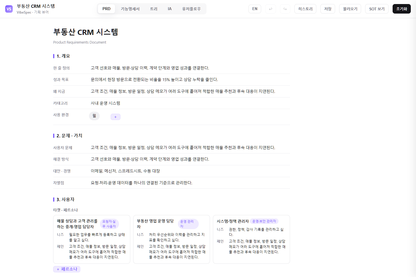 부동산 CRM 시스템의 목표, 문제, 사용자 페르소나를 보여 주는 VibeSpec PRD 화면