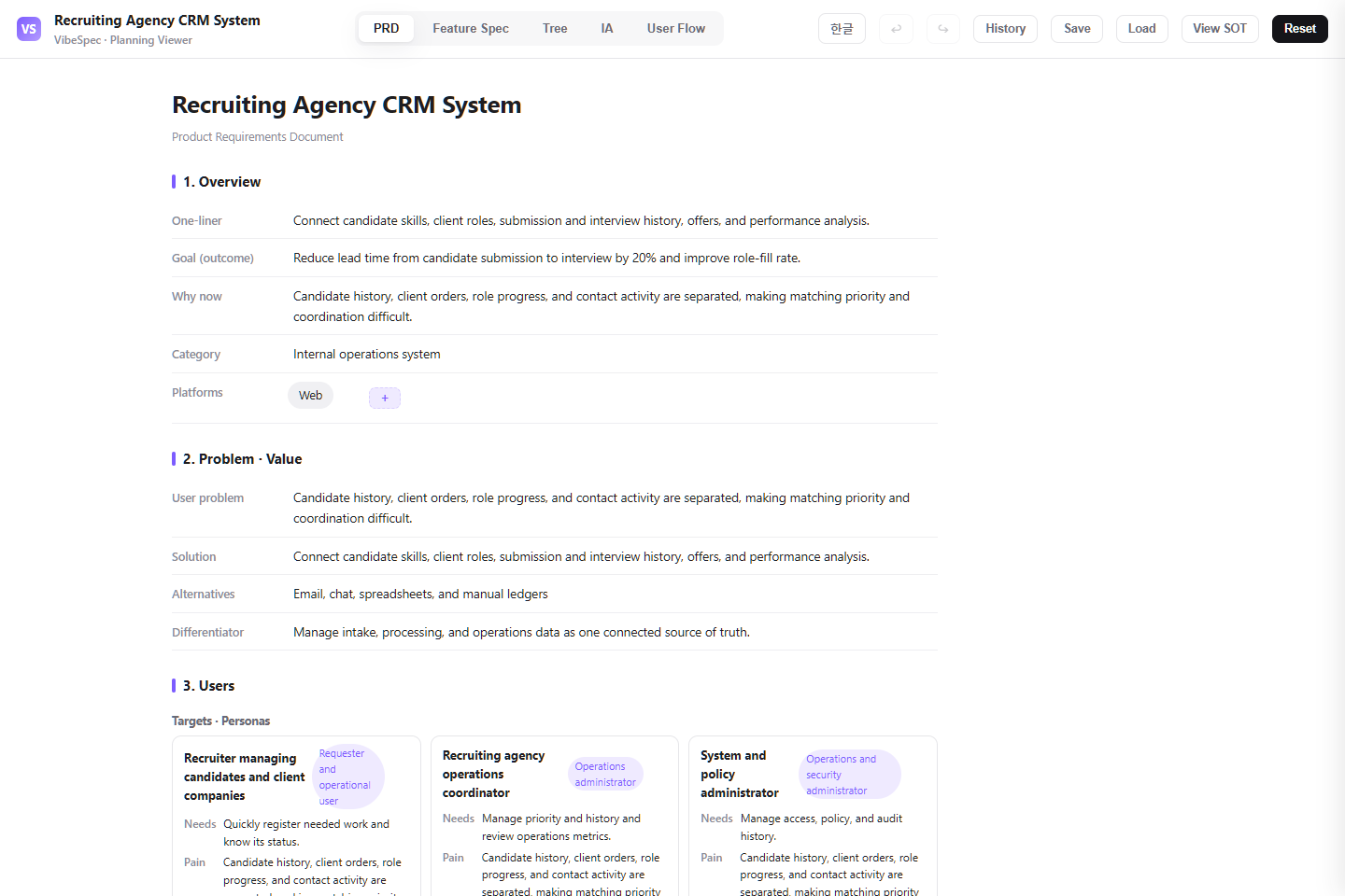 Recruiting Agency CRM System PRD showing product goals, problem context, and operational personas