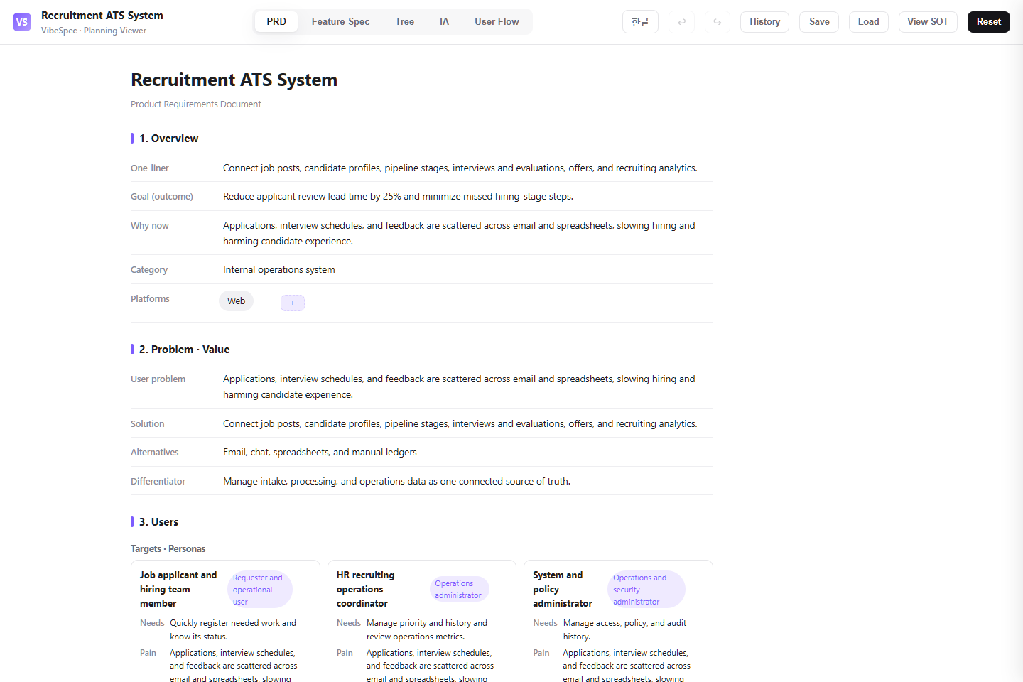Recruitment ATS System PRD showing product goals, problem context, and operational personas