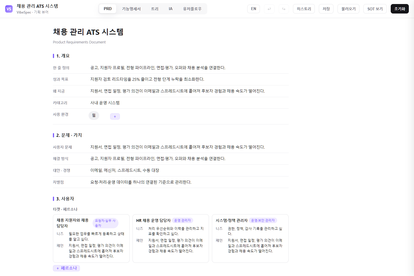 채용 관리 ATS 시스템의 목표, 문제, 사용자 페르소나를 보여 주는 VibeSpec PRD 화면