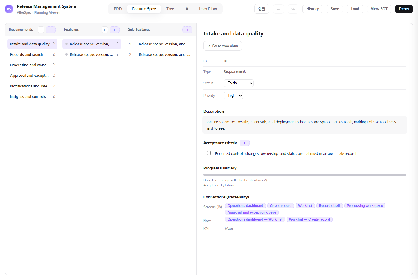 Release Management System feature specification with requirements, detailed capabilities, and acceptance criteria