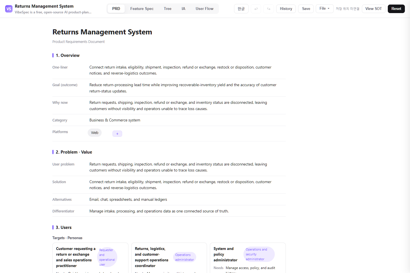 Returns Management System PRD showing product goals, problem context, and operational personas
