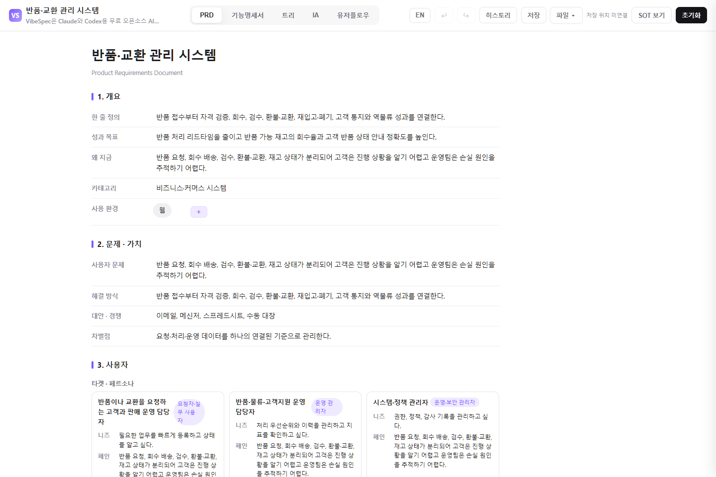 반품·교환 관리 시스템의 목표, 문제, 사용자 페르소나를 보여 주는 VibeSpec PRD 화면