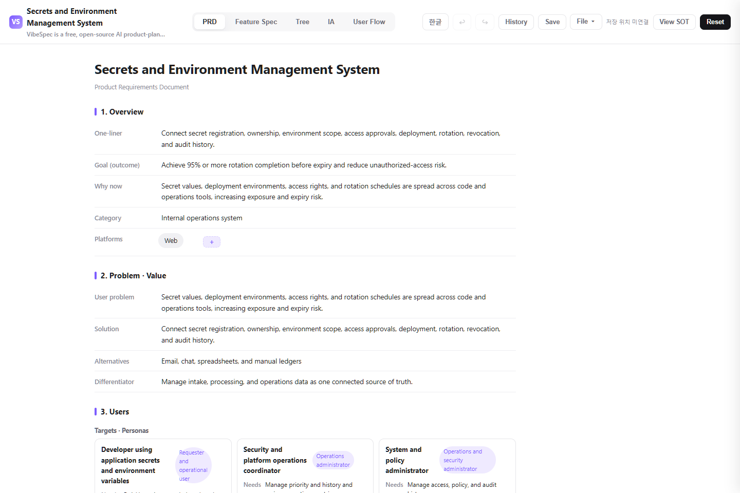 Secrets and Environment Management System PRD showing product goals, problem context, and operational personas