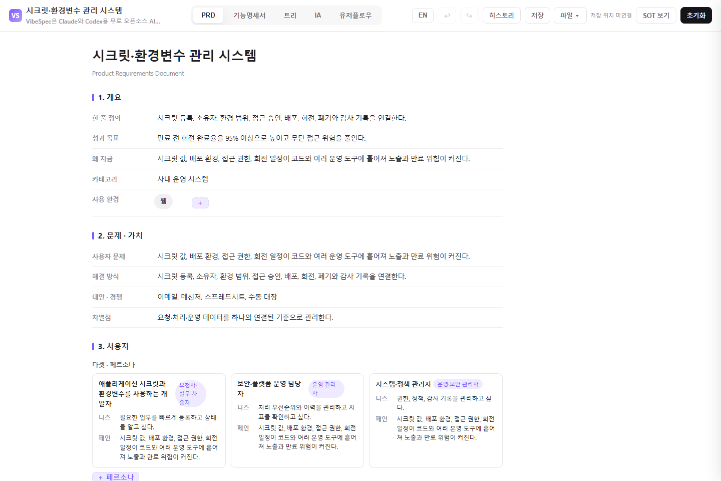 시크릿·환경변수 관리 시스템의 목표, 문제, 사용자 페르소나를 보여 주는 VibeSpec PRD 화면