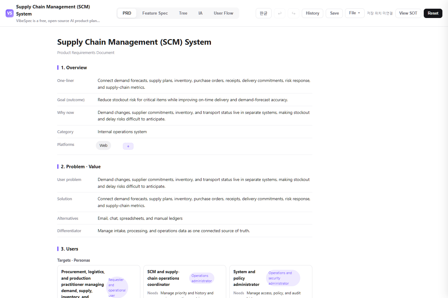 Supply Chain Management (SCM) System PRD showing product goals, problem context, and operational personas