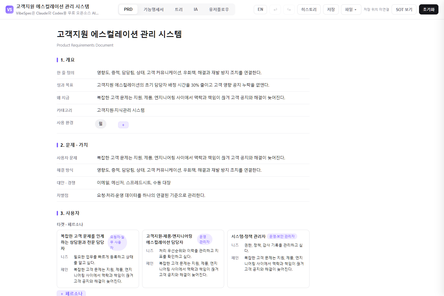 고객지원 에스컬레이션 관리 시스템의 목표, 문제, 사용자 페르소나를 보여 주는 VibeSpec PRD 화면