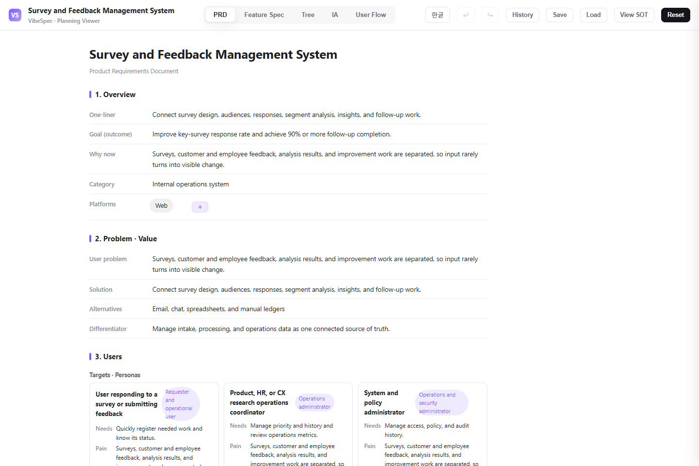 Survey and Feedback Management System PRD showing product goals, problem context, and operational personas