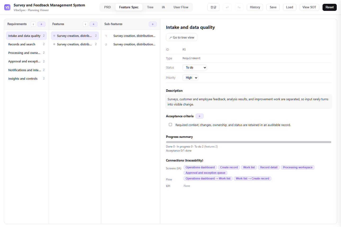 Survey and Feedback Management System feature specification with requirements, detailed capabilities, and acceptance criteria