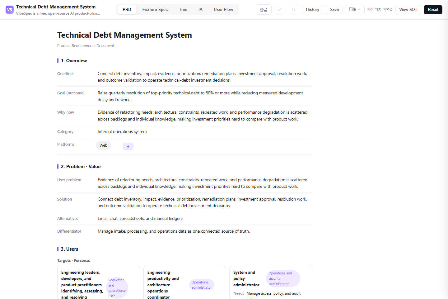 Technical Debt Management System PRD showing product goals, problem context, and operational personas