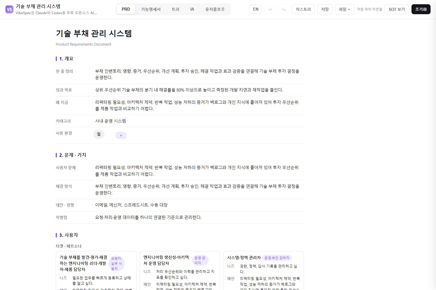 기술 부채 관리 시스템의 목표, 문제, 사용자 페르소나를 보여 주는 VibeSpec PRD 화면