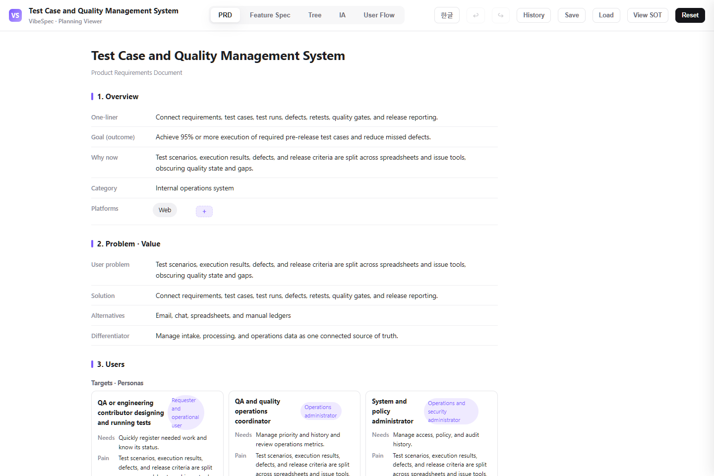 Test Case and Quality Management System PRD showing product goals, problem context, and operational personas