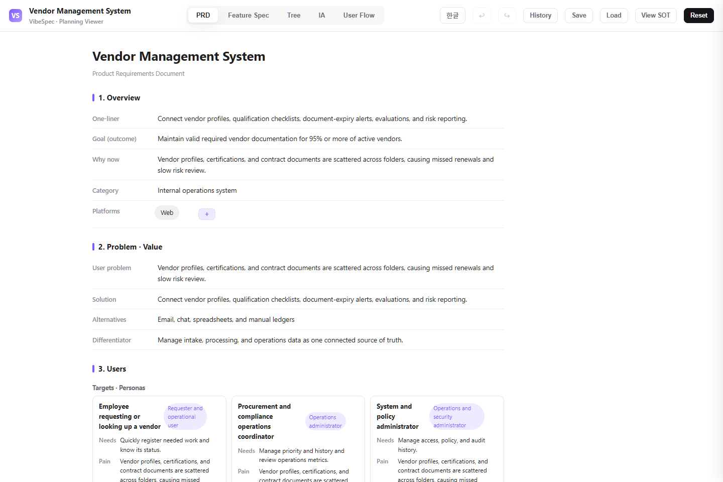 Vendor Management System PRD showing product goals, problem context, and operational personas