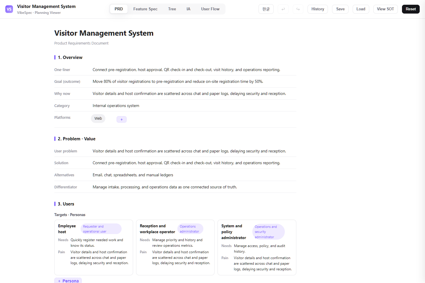Visitor Management System PRD showing product goals, problem context, and operational personas
