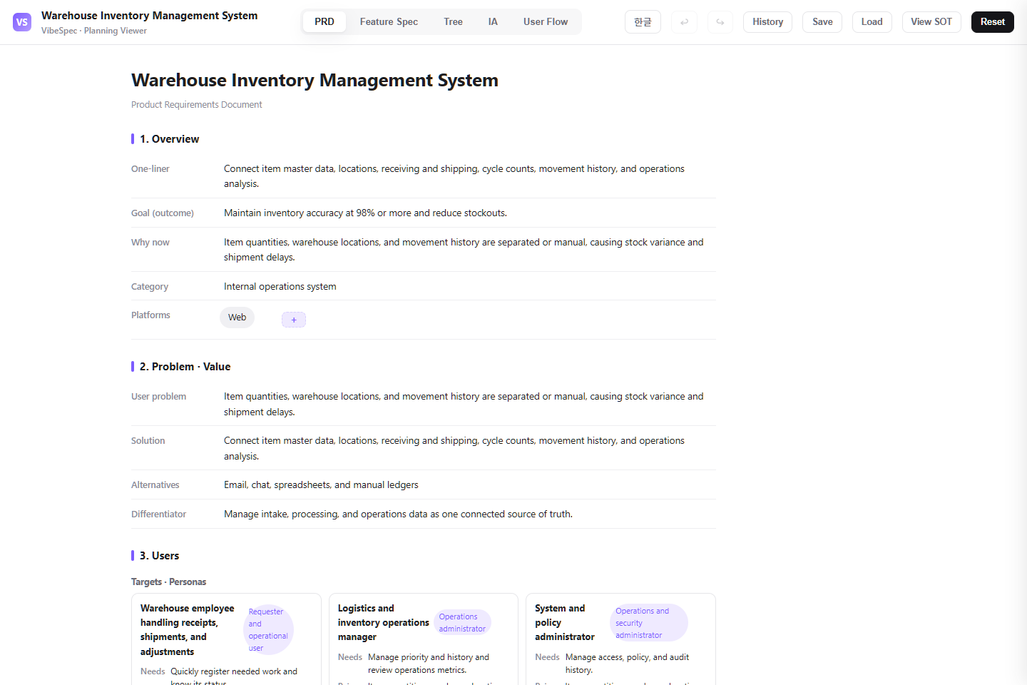 Warehouse Inventory Management System PRD showing product goals, problem context, and operational personas